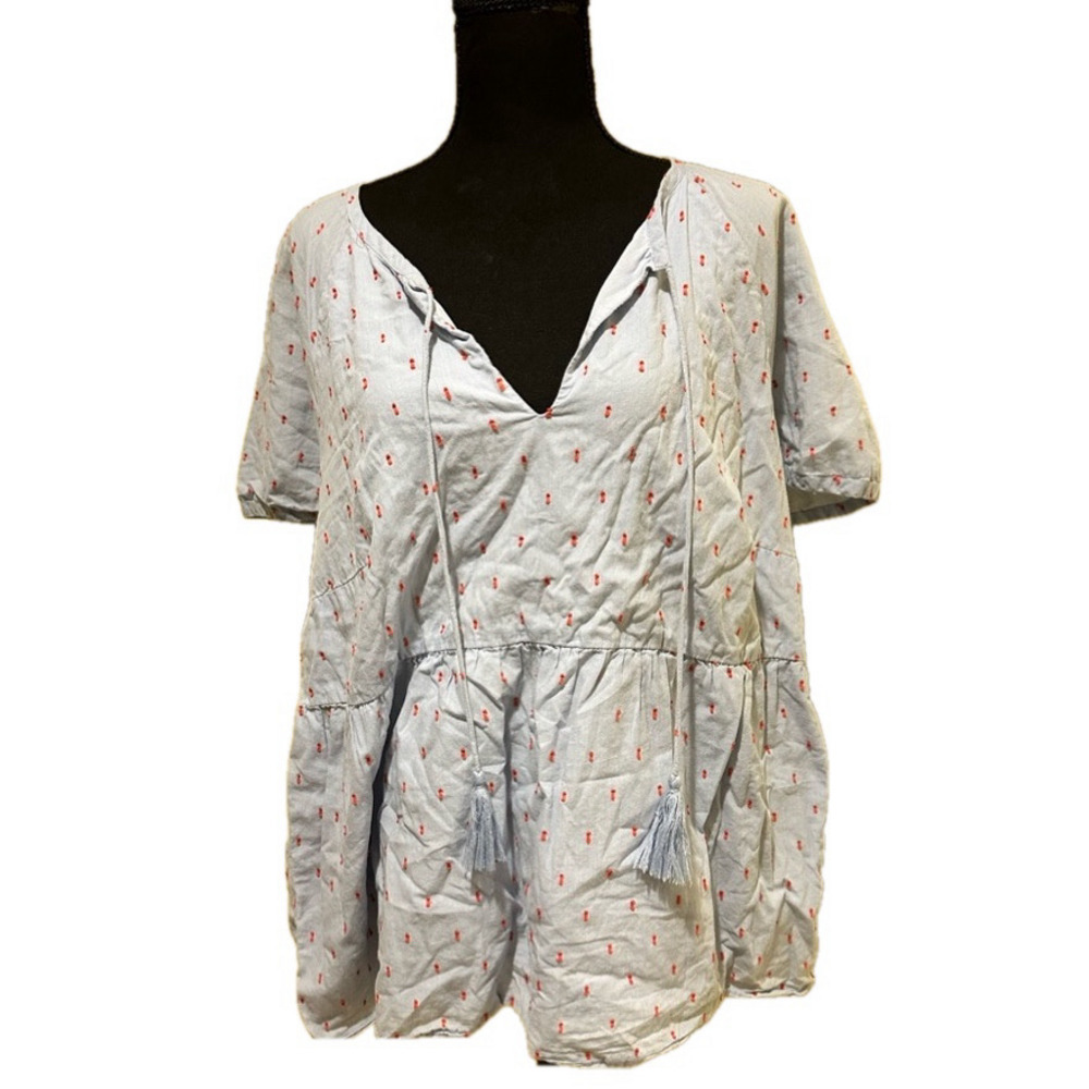 JUNAROSE BLUE SHORT SLEEVE V NECK TOP WITH TASSLE DETAIL